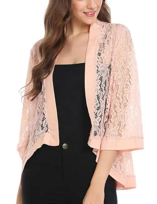 thinice 女式时尚 3 4 袖透明蕾丝钩针披肩宽松版型开衫