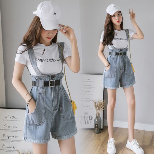 减龄高腰牛仔背带短裤女夏网红宽松大码阔腿裤学生小个子吊带裤潮