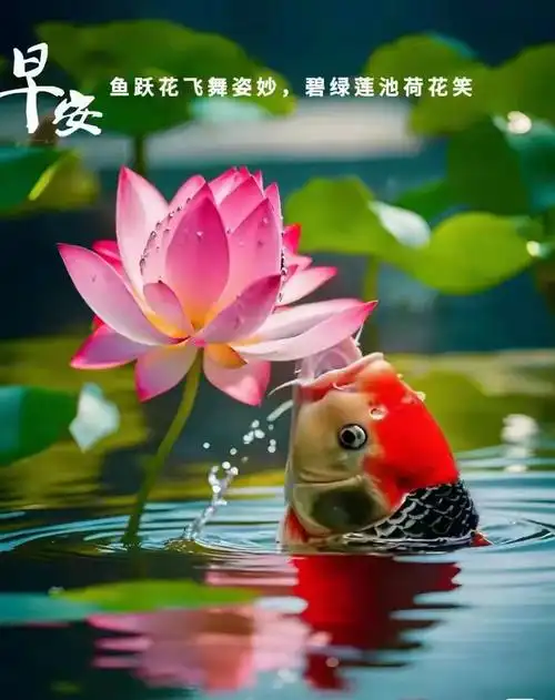 鱼儿欢跃,荷花绽放,碧波荡漾,早安吉祥