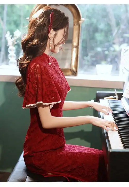 妍汀洛旗袍敬酒服女遮手臂2022新款蕾丝复古中式新娘酒红色回门礼服