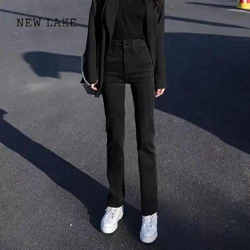 new lake春秋韩版显瘦显高百搭直筒牛仔裤女黑色烟管裤坠感百搭宽松
