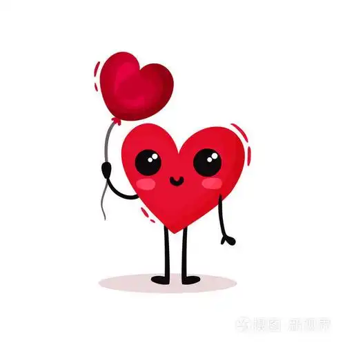 可爱的人性化的心脏抱着有光泽的气球在心脏的形状.情人节主题.