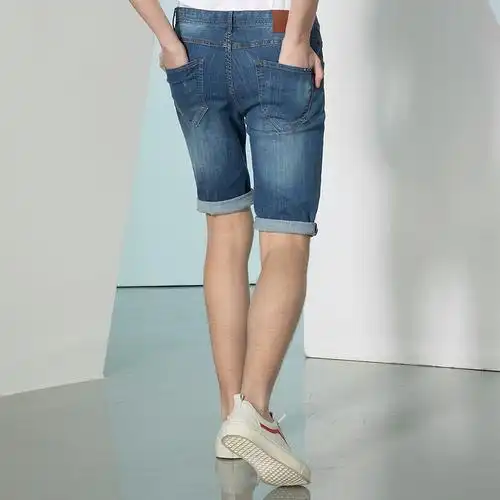 潮流前线夏季男士简洁百搭磨白破洞修身弹力牛仔短裤男中裤牛仔蓝