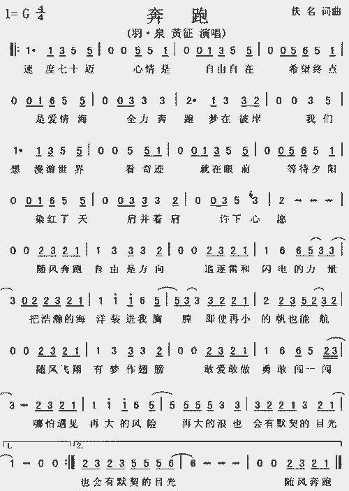奔跑_歌谱简谱_哆来咪123曲谱网
