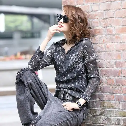 欧洲站2021秋季女装新款宽松显瘦麻纱花色休闲长袖上衣褶皱衬衫潮