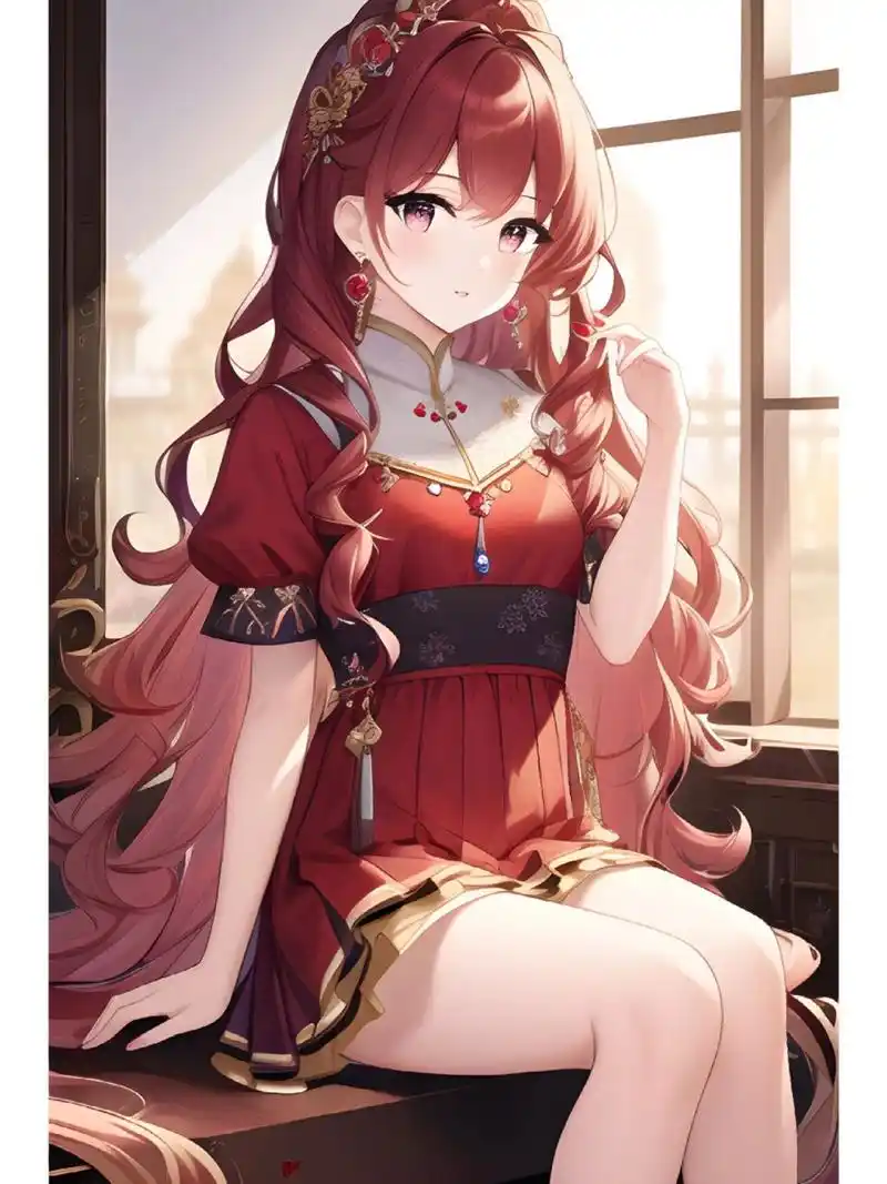 红色高贵连衣裙女子,动漫二次元绘画人物