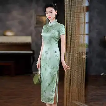 正品真丝桑蚕丝旗袍裙长款复古洋气年轻气质高贵典雅日常修身款夏