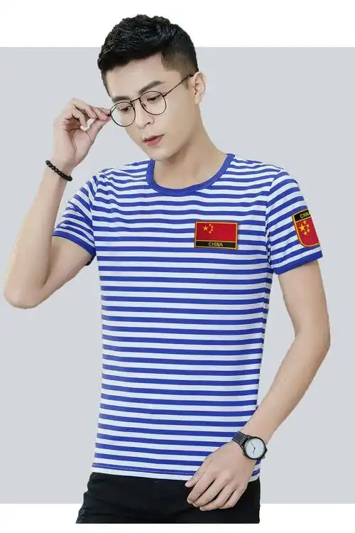 海军衫短袖t恤男装蓝白横条纹半袖绣标胸章臂章学院风体恤衫体能军训