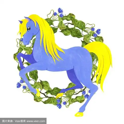 水彩蓝色马与金色的鬃毛在一个苹果和矢车菊的叶子花环的背景上.
