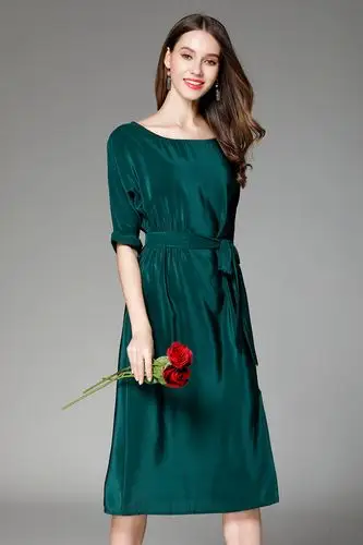 夏季新款重磅真丝连衣裙 五分袖系带开叉纯色桑蚕丝宽松显瘦长裙