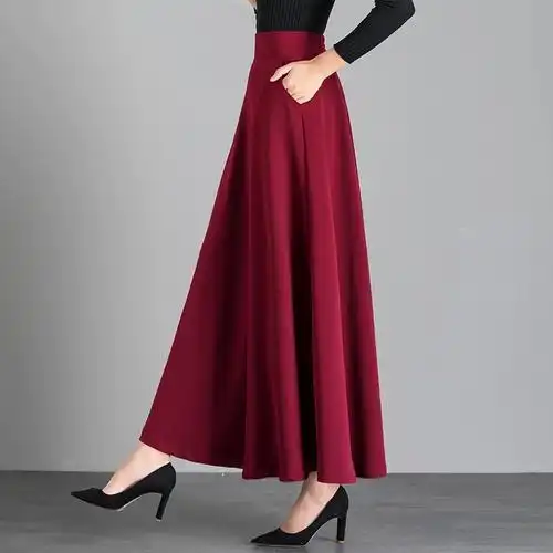 酒红色半身裙秋冬女高腰显瘦遮胯百搭垂感百褶裙长裙a字大摆伞裙
