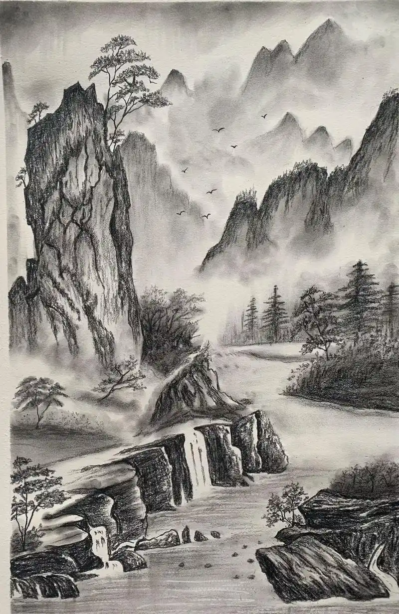 炭笔风景画 #山水画 - 抖音