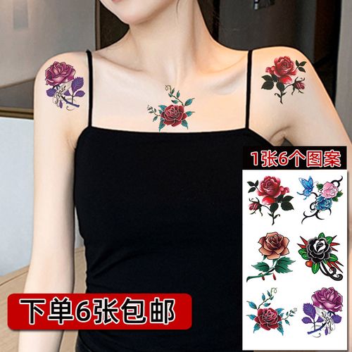 纹身贴防水女持久胸部性感手腕遮疤痕仿真玫瑰蝴蝶小图案刺青纹身