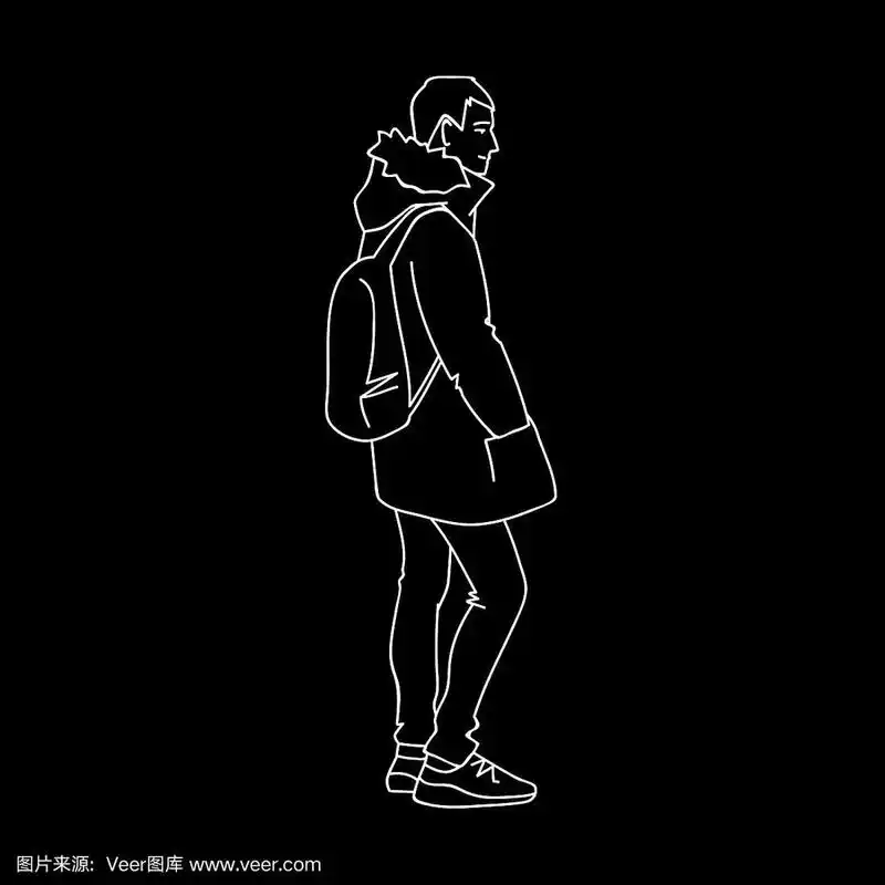 黑白矢量插图的年轻人与背包站和微笑在简单的线条艺术风格.