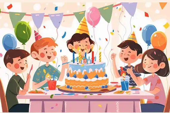 人物孩子们在餐桌上庆祝生日卡通ai插画