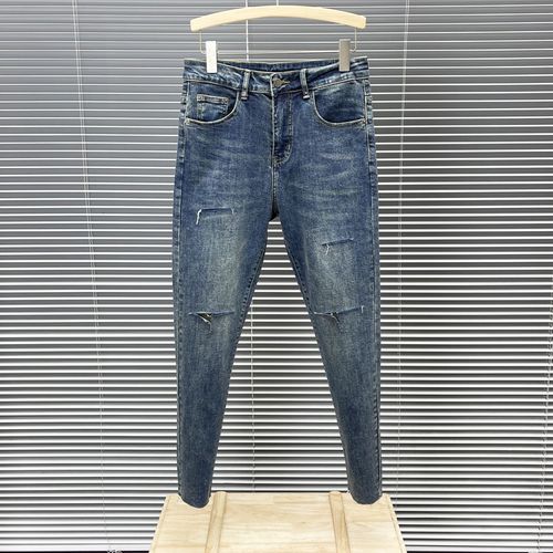 刀切破洞补丁牛仔裤男士修身小脚九分裤毛边潮牌个性裤子春秋新款