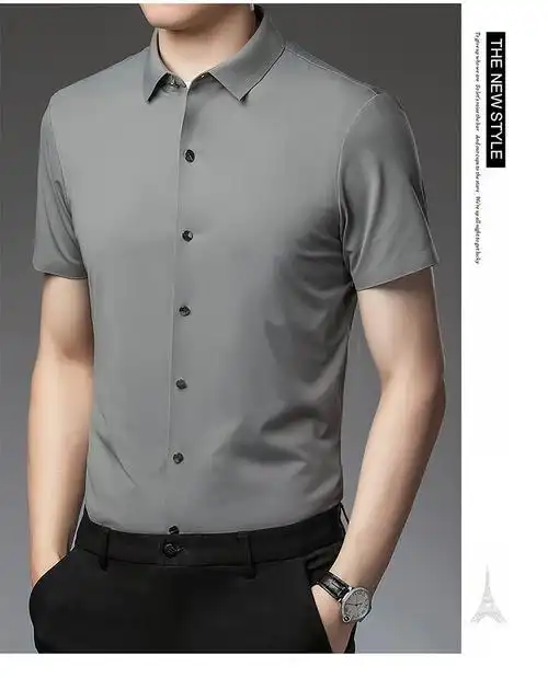 衬衫桑蚕丝男士短袖衬衫夏季大码翻领冰丝薄款商务半袖衬衣男装潮2702