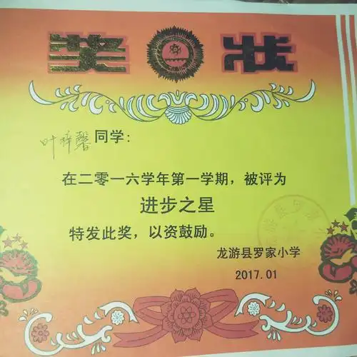 我在2017年1月获得的"进步之星"的奖状