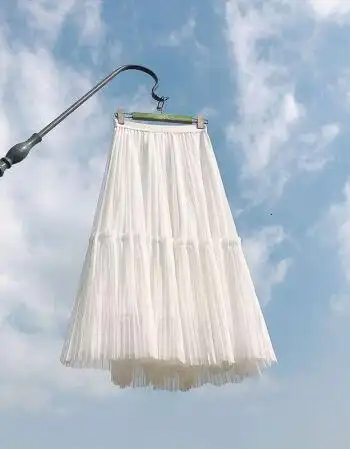 压褶网纱半身裙新品新款显瘦重工上下裙春夏长裙中长裙白色裙长75cm