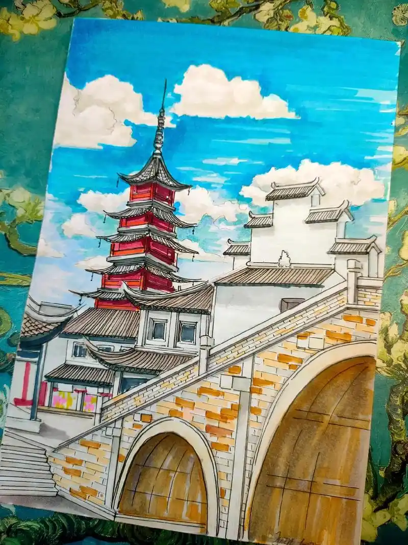 马克笔风景画《江南–千灯古镇》色稿.