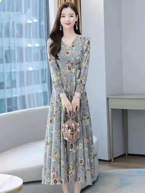 印花色雪纺收腰显瘦过膝中长款花连衣裙女2021秋季裙子新款长袖