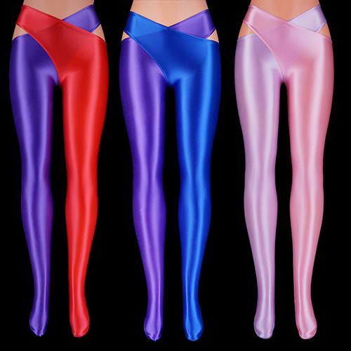 油亮打底裤拼色交叉开裆长裤包脚丝滑光泽裤高弹紧身裤性感光滑
