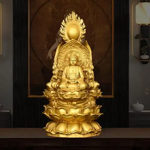 纯铜三面佛摆件释迦摩尼地藏王观音菩萨佛堂供养佛像大号三面圣佛