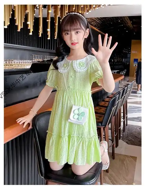 穿的女童绿色连衣裙纯棉夏季2022新款儿童公主裙森系女孩裙子薄款洋气