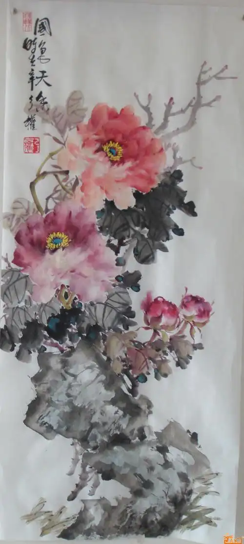 弓权国画牡丹作品