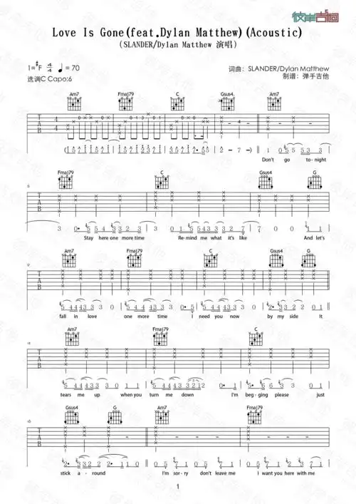 slanderdylanmatthewloveisgone原版c调弹唱图片吉他谱