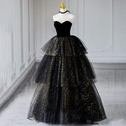 艺考演出服晚礼服长裙亮片抹胸气质独唱演出服蓬蓬裙艺考礼服 黑色 s