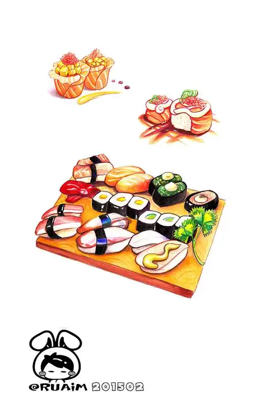 手绘美食手帐(芝士卷,寿司,阴功汤)