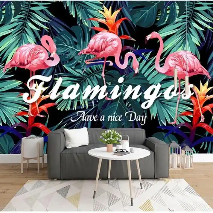 北欧电视背景墙壁纸火烈鸟8d时尚影视墙壁画墙布卧室客厅沙发墙 - 抖