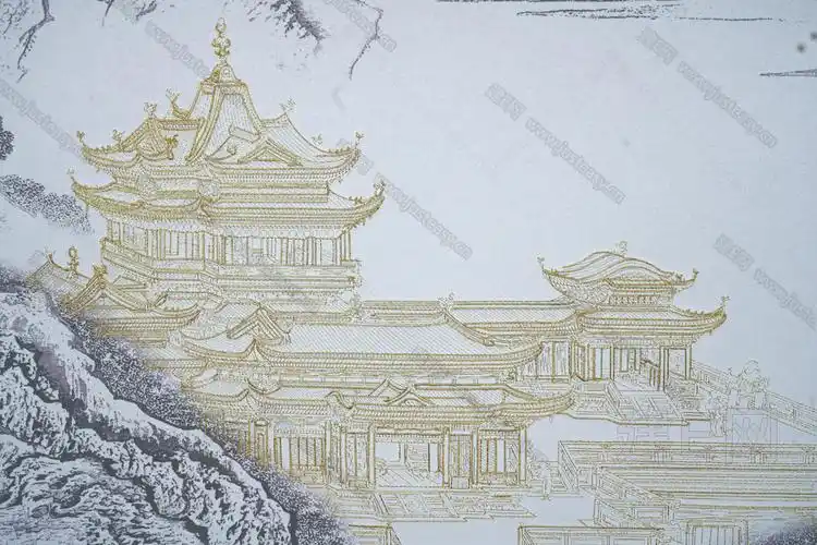 甲壳虫中式蓬莱阁建筑刺绣装饰画3d贴图下载