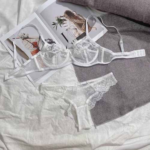 芳履遇仙女超薄文胸女有钢圈半杯奶罩上托透明蕾丝性感内衣纯欲套装