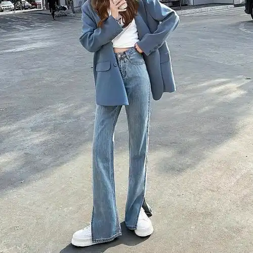 2021春季新款浅色高腰宽松微喇叭开叉拖地牛仔裤女chic港味裤子潮