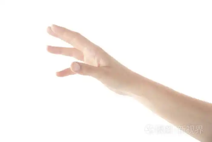 一个温柔的女性手伸手与她的右手在孤立的白色背景照片-正版商用图片0