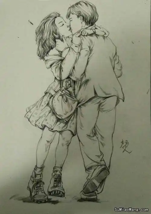 接吻中的情侣素描画速写作品欣赏