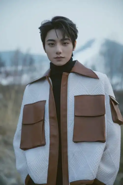 李振宁冬梦之约冰雪盛典舞台造型米色针织拼接外套