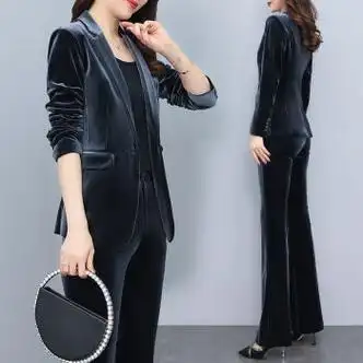 同腾高端金丝绒三件套女年秋季款西服套装西装高级感深灰色s100斤以下