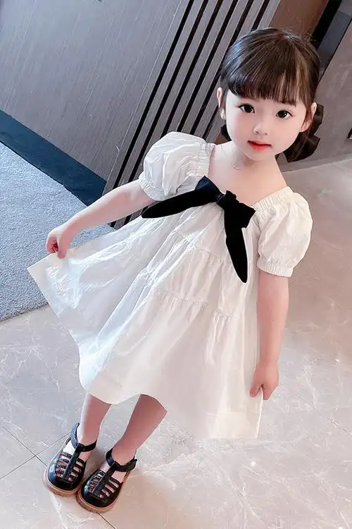 女童公主裙2021夏装新款洋气白色连衣裙网红小女孩泡泡袖裙子