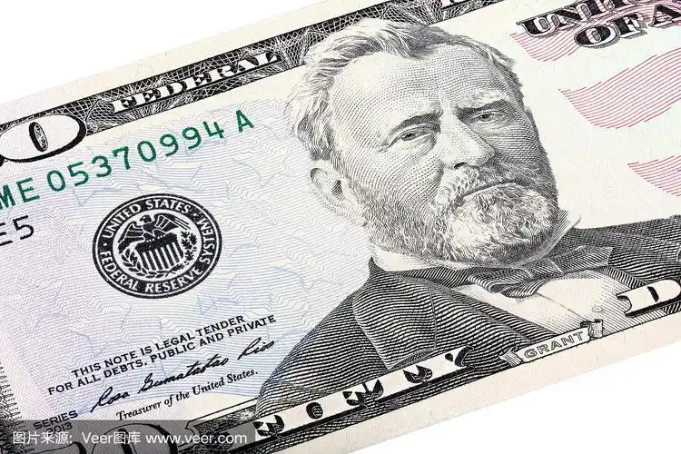 堆叠镜头的50美元50美元纸币,特写格兰特结束联邦储备系统.