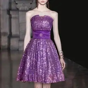 紫色亮片裹胸露肩收腰蓬蓬短款礼服裙伴娘裙夜店风晚礼服特价清仓