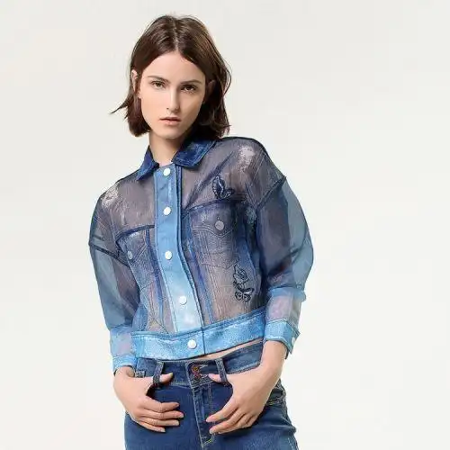 soji短装外套女士长袖半透明空调衫原创设计牛仔印花翻领衬衫外套