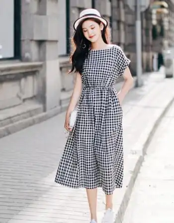 黑白格子连衣裙女夏中长款2018新款复古棉麻裙子大码学生过膝长裙