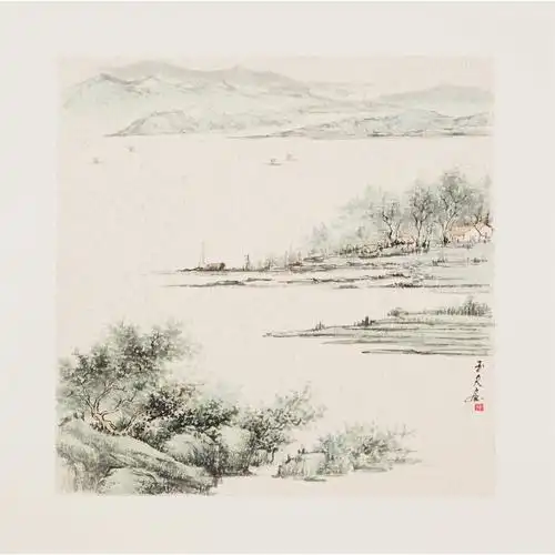 手绘国画水墨画斗方山水画仿古字画中式客厅已裱卡纸石玉夫00002
