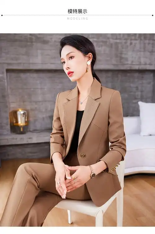 焦糖色西装外套女2023秋冬高端时尚气质休闲西服职业装西服套装 - 17