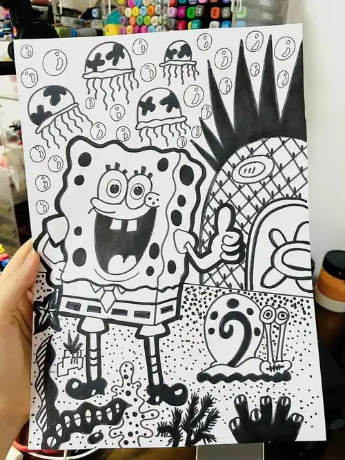 黑白线描画166海绵宝宝