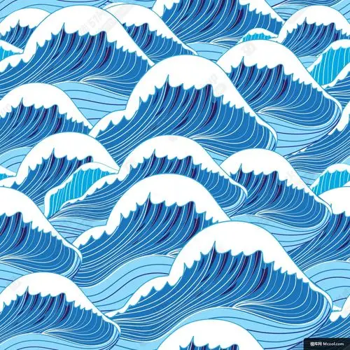 波涛汹涌浪花朵朵简笔线条中国风矢量无缝背景02