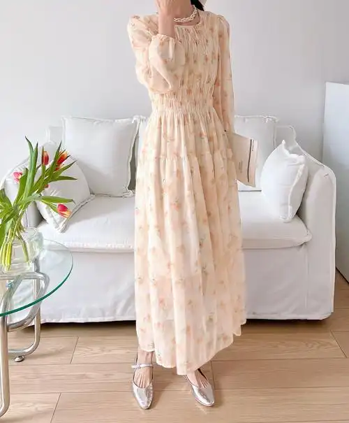 韩版碎花连衣裙女春季2024年新款仙女气质雪纺裙百褶长裙 - 17网